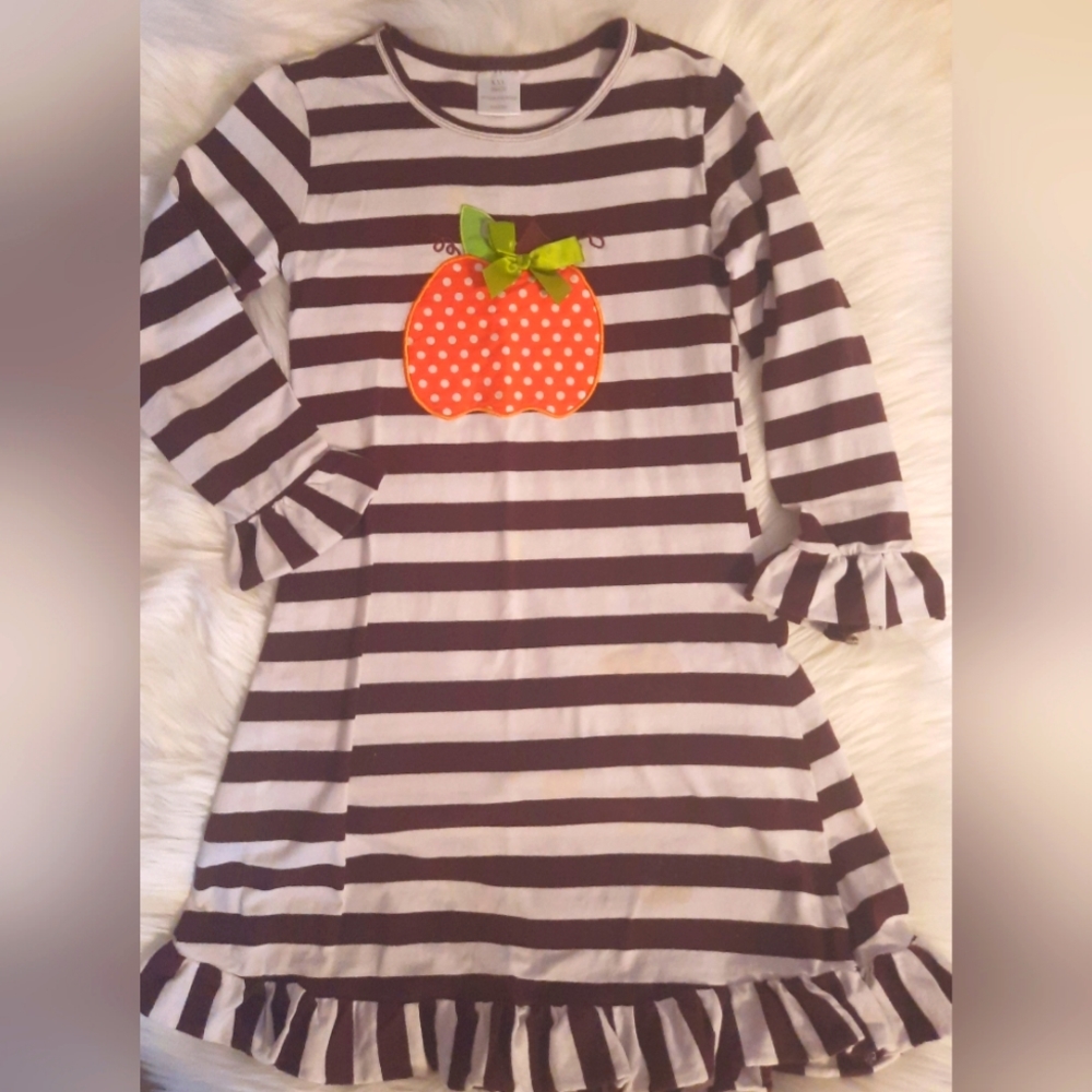Girls Fall/Thanksgiving Dress with Pumpkin Apilque Ruffle Trim Size:XXL